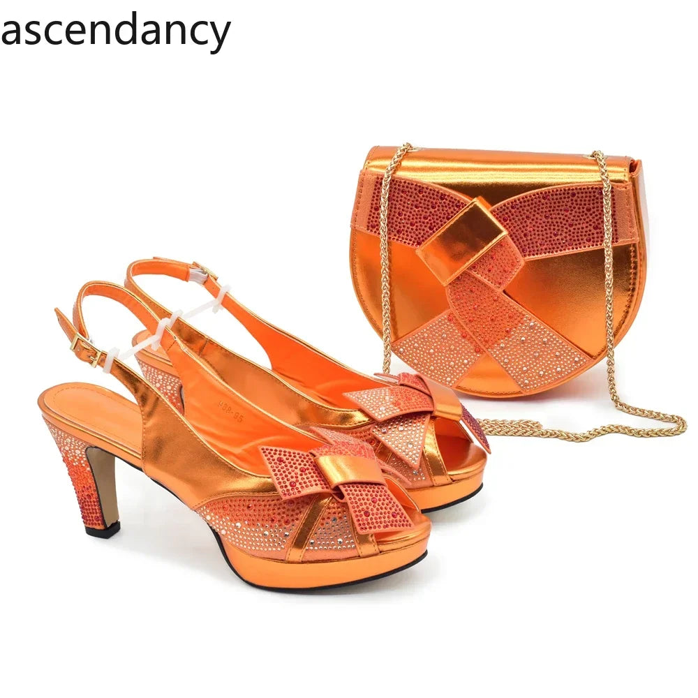 New Arrival African Shoe and Bags Set for Wedding Luxury Designer High Heels Full Rhinestone Pumps Women Shoes and Bag Set Italy