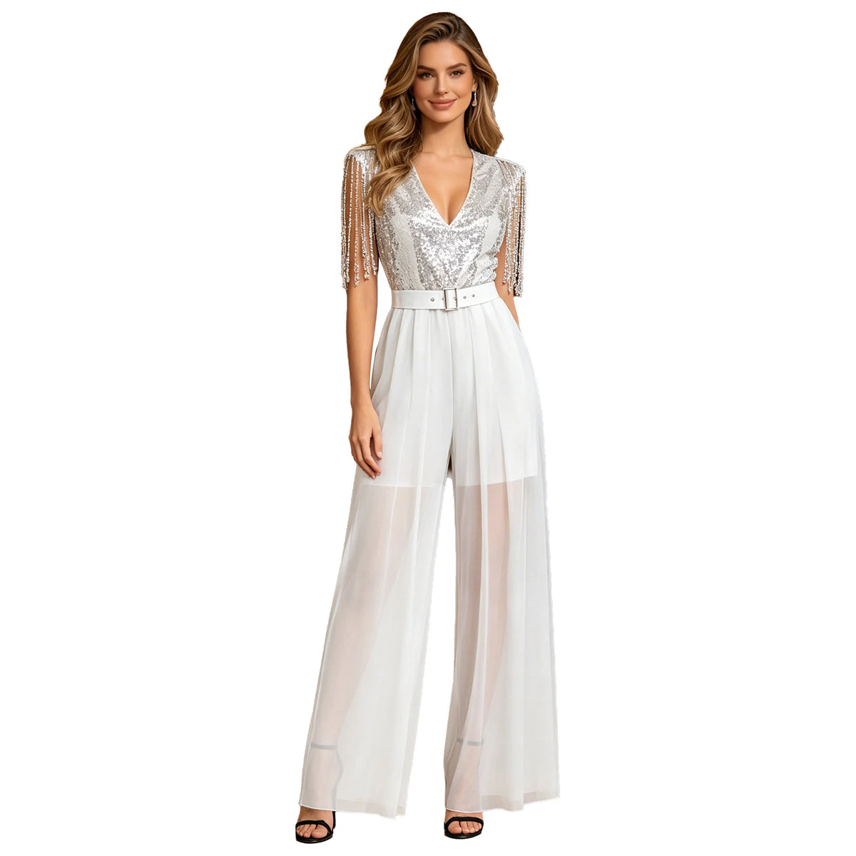 Women Evening 70s 80s Disco Costume Outfit Wide Leg Pants Cocktail Clubwear Party Romper Tassel Sequin Jumpsuits Fringe Jumpsuit