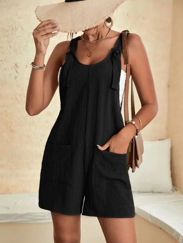 Women's Casual Summer Short Rompers Loose Overall Solid Sleeveless Lace up Wide Leg Pant Tie Knot Strap Jumpsuits with Pockets