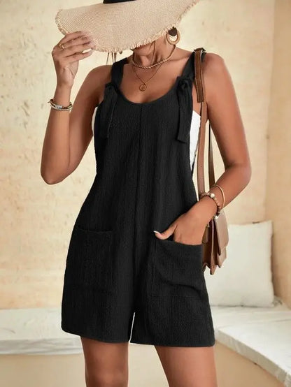 Women's Casual Summer Short Rompers Loose Overall Solid Sleeveless Lace up Wide Leg Pant Tie Knot Strap Jumpsuits with Pockets