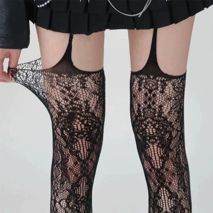 Korean INS Hollowed Lace Mesh Stockings Women Pantyhose Hot Tights Japanese Lolita Retro Floral Rattan Black White Long Socks