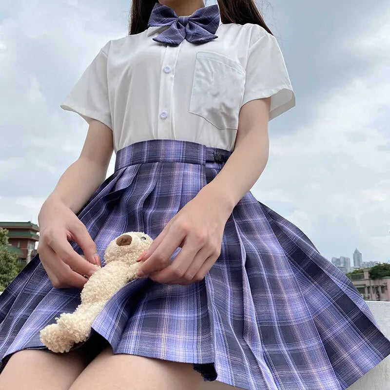 New Japanese School Uniform Korean Student Jk Seifuku Blouse Pleated Skirt Tie Full Set Girl Plaid Skirt Pink Uniforms For Woman