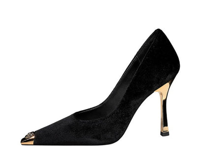 Women Peach Pink Velvet Metal Capped Pointed Toe Pumps Gold Trapezoid Thin High Heels Gentle Retro Luxury Date Banquet Ladies