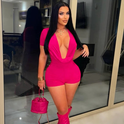 Sexy Deep V-neck Solid Bodycon Romper for Woman Jumpsuits Short Sleeve Skinny One Pieces Playsuit Club Party Combishort Femme