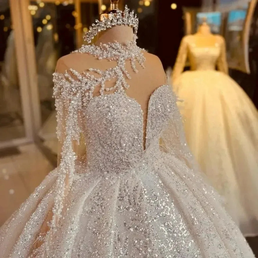 Custom New Arabic Dubai Sparkly Wedding Dress Ball Gown Heavy Pearls Beads Long Sleeves Princess Bride Dresses Vestidos De Noiva