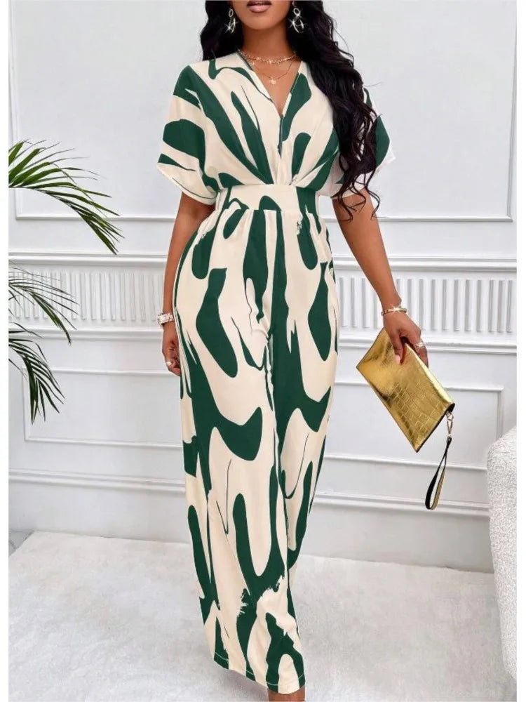2024 Women Wide Leg Jumpsuit Spring Summer Fashion V Neck Short Sleeve High Waist Full Body Printed Jumpsuits Casual One Pieces