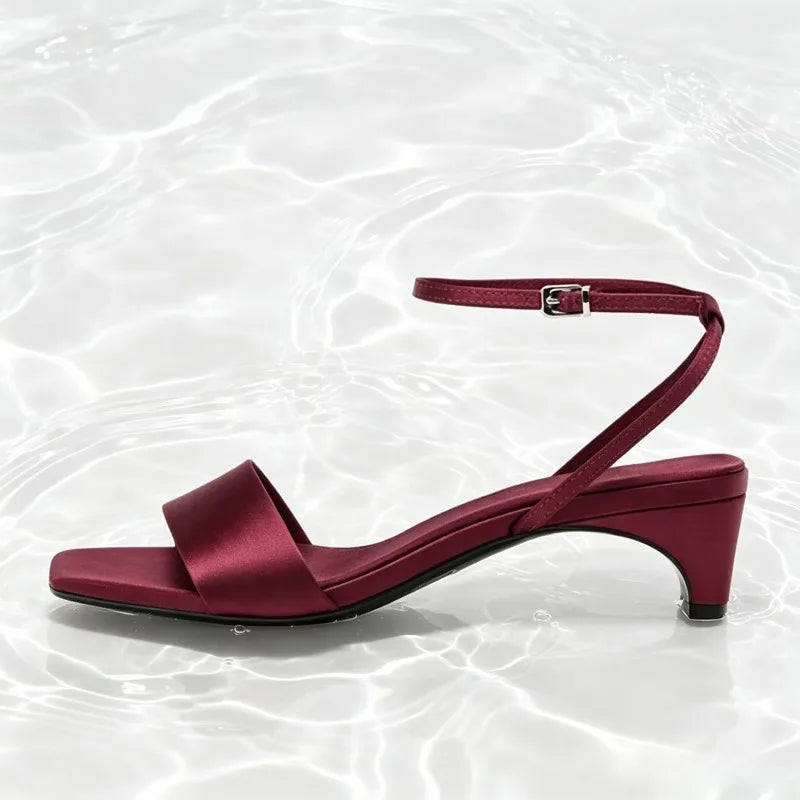 Burgundy Satin Low Heel Sandals Women Summer Sexy Open Toe Ankle Buckle Dress Shoes Luxury Brand Designer Shoes Zapatos De Mujer