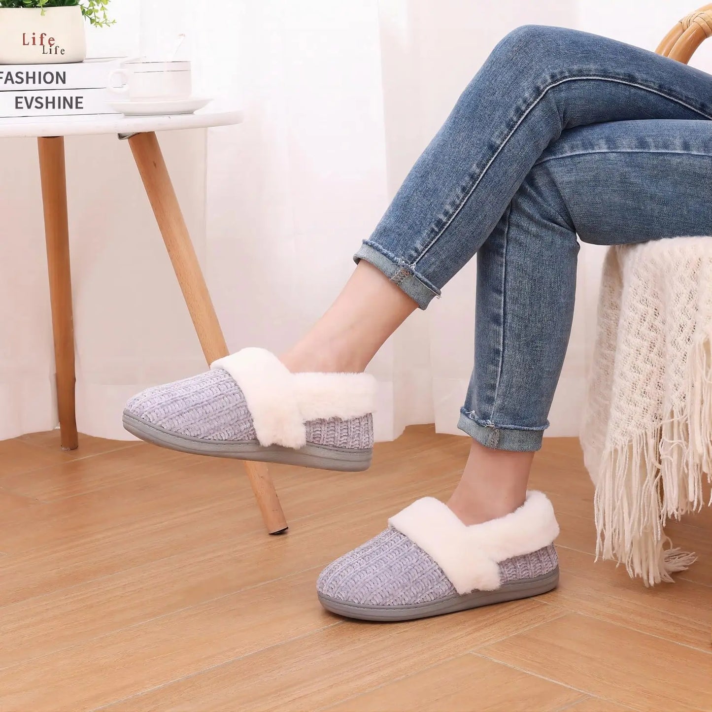 Pallene Winter Women's Fur Slippers Soft Sole Memory Foam Indoor Cotton Shoes Plush Lining Knit Slides Fluffy Men House Slippers
