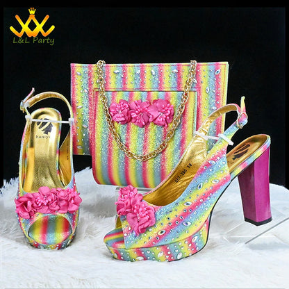 High Quality 2024 Summer New Design in Purple Color Mature Style Italian Women Shoes and Bag Set with Platform for Wedding Party