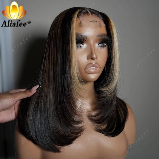 Hot Sale Highlight Natural Black Warm Brown Honey Blonde Bob Straight Shoulder Length Hair Wig 13x4 Lace Frontal Human Hair Wigs