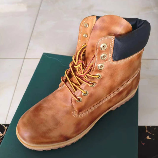 Retro Yellow Men Ankle Boots Genuine Leather Short Riding Boots for Unisex Outdoor High Top Sneakers Men and Women Tooling Boots