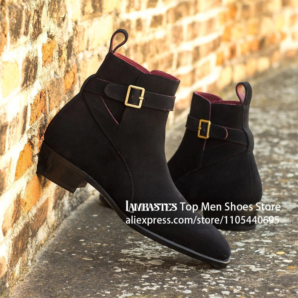 Suede Buckle Strap Ankle Boots Suede Leather Side Buckle Casual Dress Boots Vintage Suede Low Block Heel Pull On Boots for Men