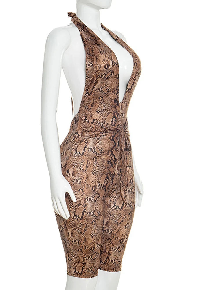 Beyprern Sexy Animal Print Halter Bandage Short Jumpsuit Women Backless Bodycon Rompers Streetwear One Pieces Playsuit