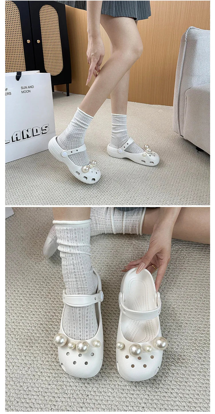 Clogs Summer Slippers Women Luxury Pearl Metal Flower Mary Janes Designer Ballet Shoes Girls Corc Charms Sandals Indoor Outdoor