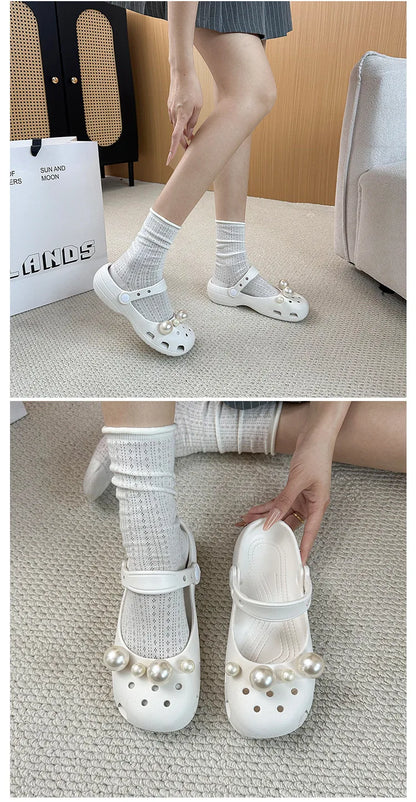 Clogs Summer Slippers Women Luxury Pearl Metal Flower Mary Janes Designer Ballet Shoes Girls Corc Charms Sandals Indoor Outdoor