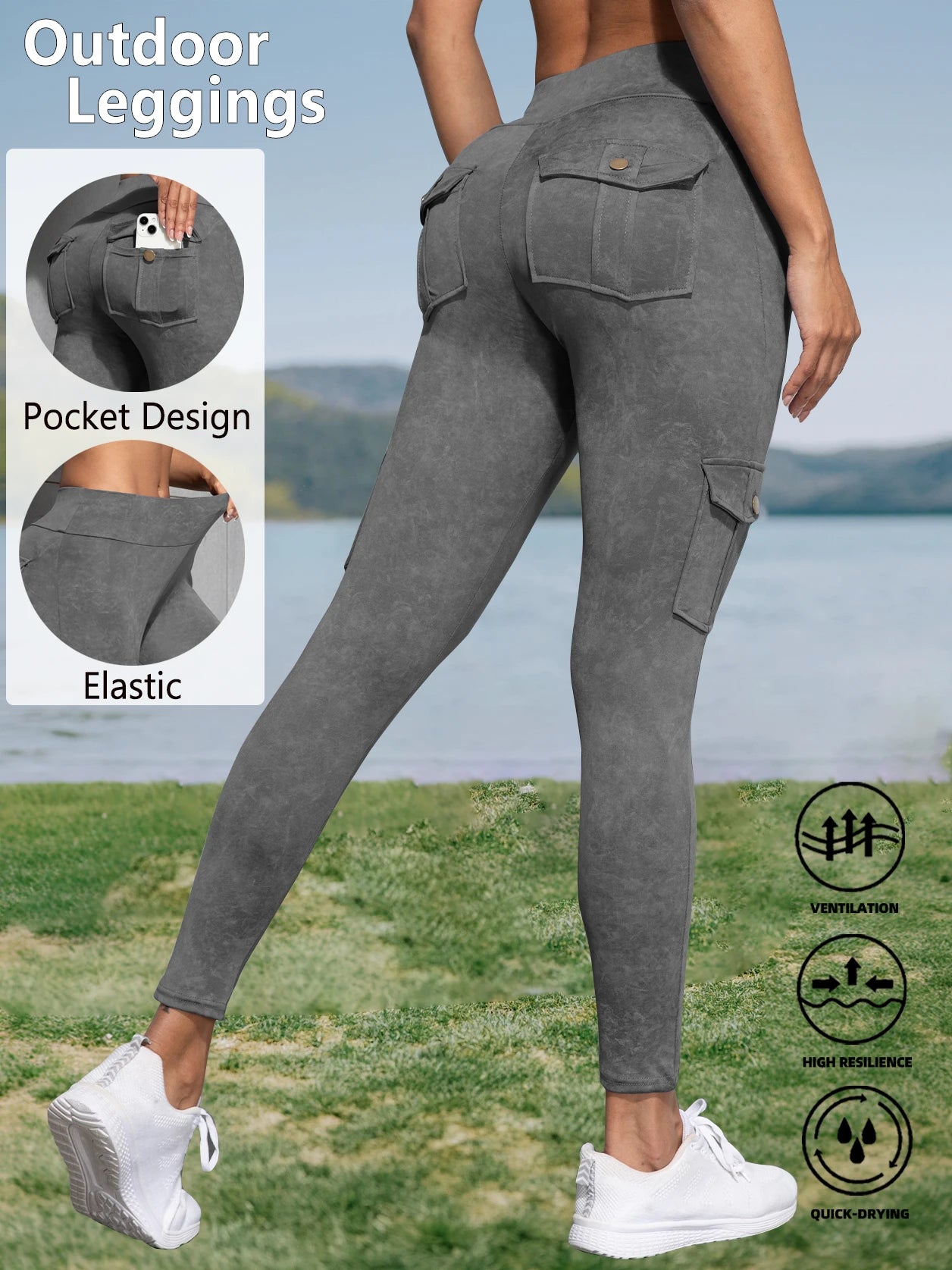 Women High Waist Yoga Gym Cargo Pocket Pant Fashion Tummy Control Athletic Pants Skinny Stretch Streetwear Sport Leggings