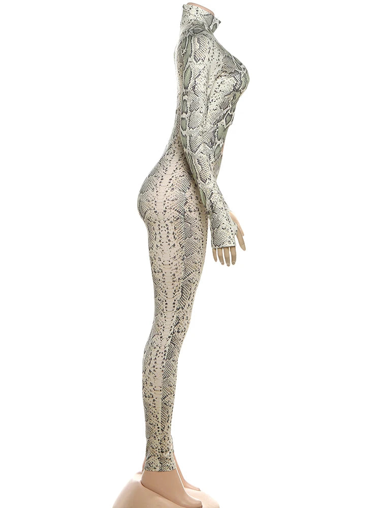 Nibber Peach Hip Jumpsuits Woman Sexy Hollow Serpentine Print o-Neck Full Sleeve Skinny Midnight Club Party Coquette Overalls