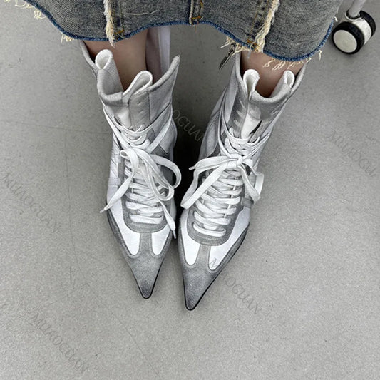 Fashion Strange Heel Women Knight Boots Pointed Toe Retro High Heel Ankle Booties Female Cross-tied Street Style Comfort Shoes