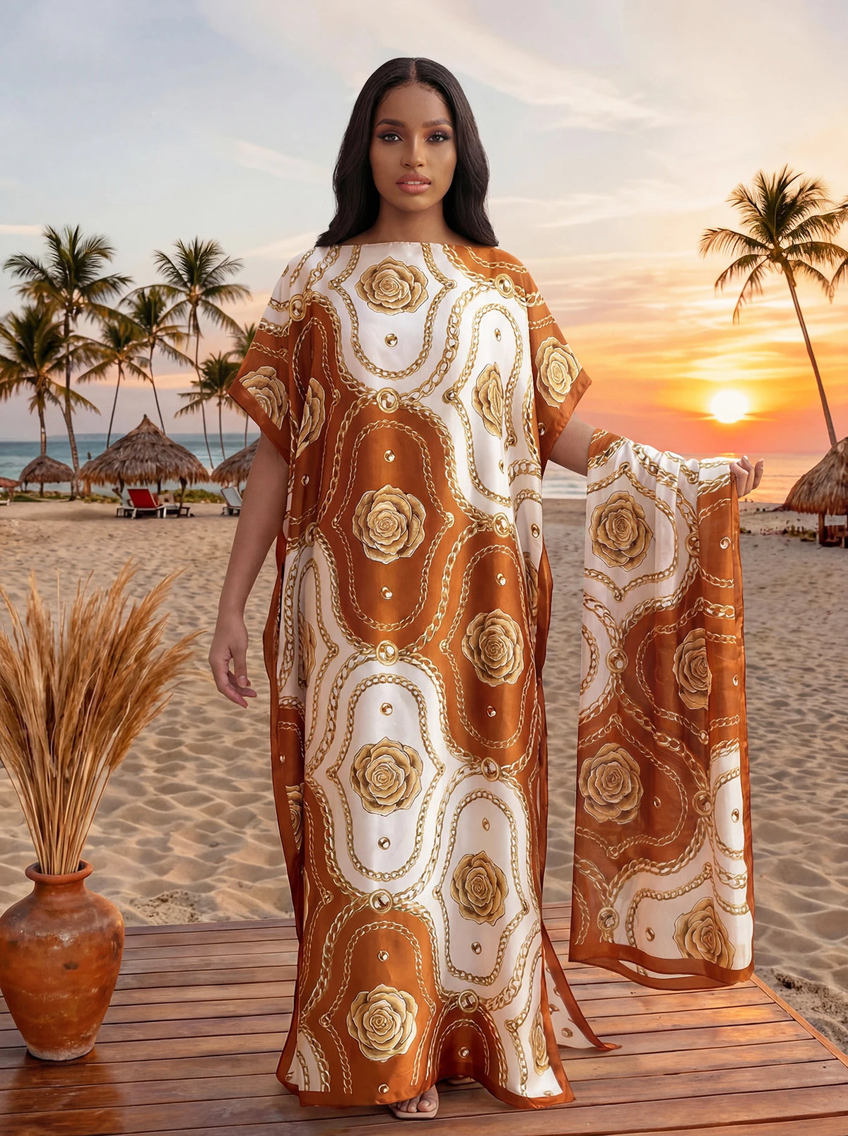 Fashion Summer Print Dress With Big Scarf Dubai Turkey Kaftan Muslim Loose Abaya Women African Casual Paisley Shawl Robe MOOMOO