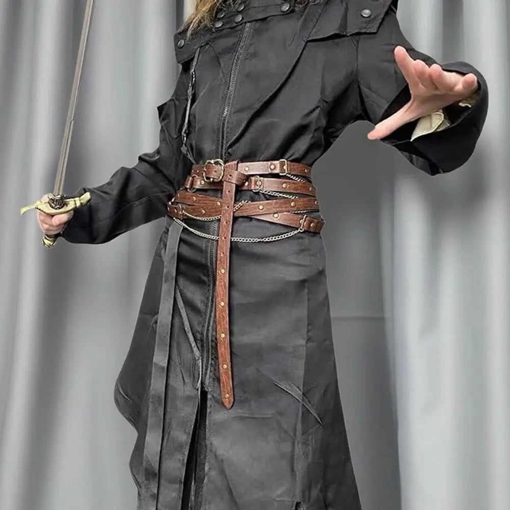 Medieval DIY Faux Leather Metal Chain Belt Vintage Adjustable Thin Belt For Women, Retro Skinny Belt For Dresses