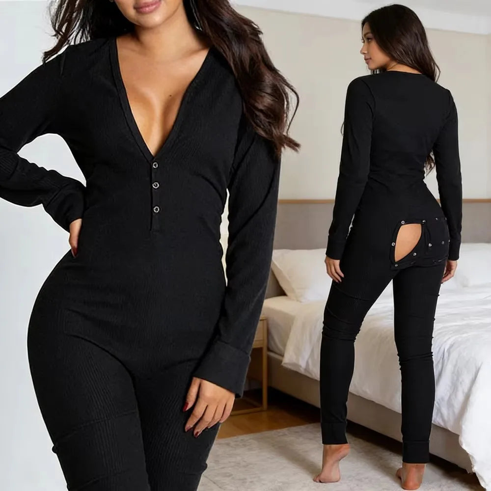 Sexy Pyjama Women's Long Sleeves Homewear Suit Button-Down Front Back Butt Bum Open Ass Flap Jumpsuit Loungewear Christmas Print