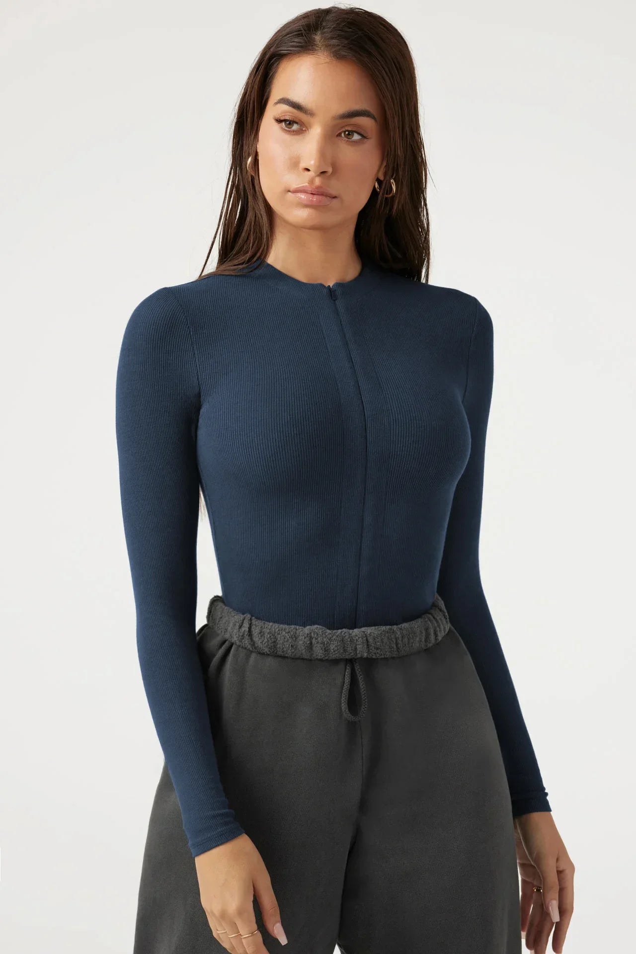New Women's Jumpsuits Ribbed Long Sleeve Bodysuit Front Zip V Neck Bodycon Tops Stretchy Slim Fit Casual Streetwear for Daily