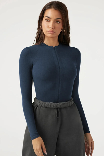 New Women's Jumpsuits Ribbed Long Sleeve Bodysuit Front Zip V Neck Bodycon Tops Stretchy Slim Fit Casual Streetwear for Daily