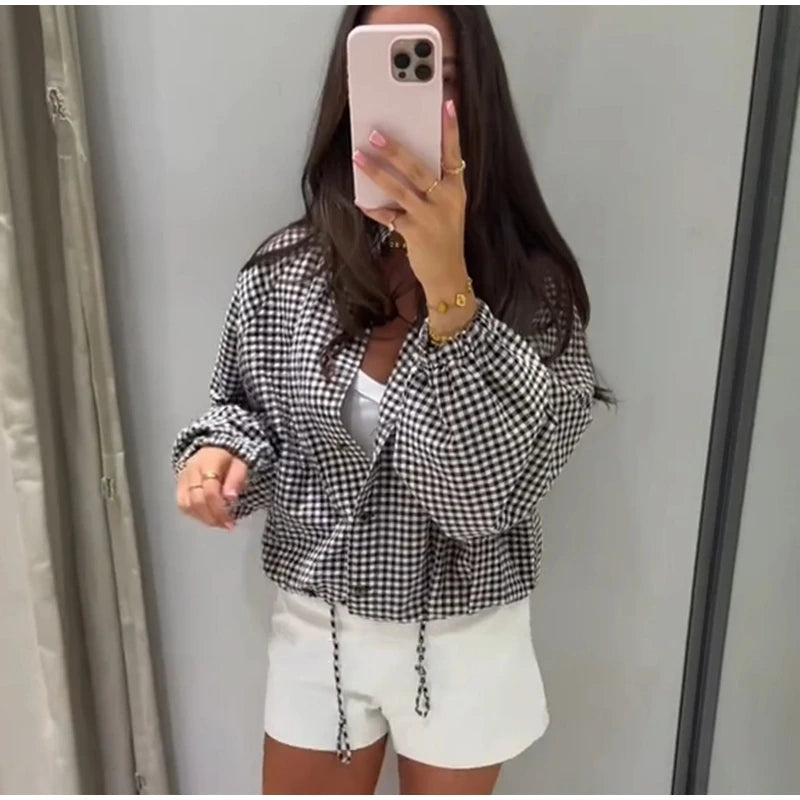 Plaid Short Trench Coat Women Lapel Collar Double Breasted Belted Waist Long Sleeve Loose Jacket 2026 Autumn Casual Chic Coats