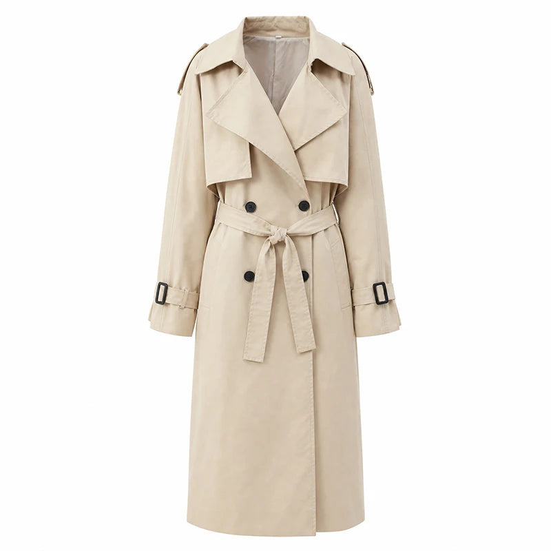Women Khaki Long Color-block Stripe Trench Coat Wide Lapel Loose Drop Shoulder Blue Lining Slit Windbreaker Commute Outing Coats