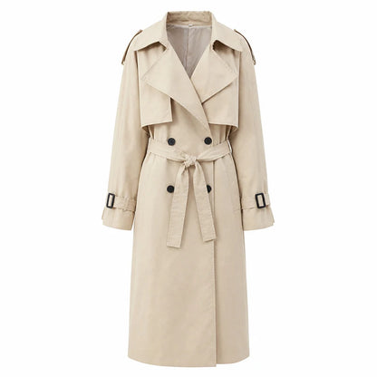 Women Khaki Long Color-block Stripe Trench Coat Wide Lapel Loose Drop Shoulder Blue Lining Slit Windbreaker Commute Outing Coats