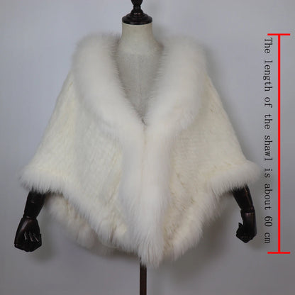Women 100% Real Rabbit Fur Shawl Scarf With Fox Fur Collar Winter Warm Knitted Rabbit Fur Poncho Girls Party Fashion Accessories