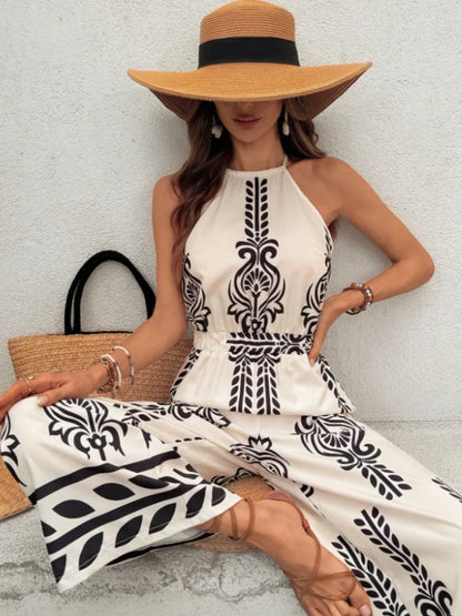 New Trendy Women's One-Piece Pants, with Loose Leg Design, lightweight and Smooth Fabric, High Elasticity Waistband, Black and White Retro Ethnic Print, American Size, Shipped from the US Warehouse, Fast Delivery, Bohemian St