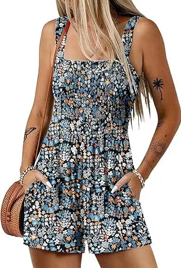 Femmes Print Jumpsuit Fashion Boho Beach Party Jumpsuits Lady Casual Sleeveless Pockets High Waist Shorts Jumpsuits Summer New