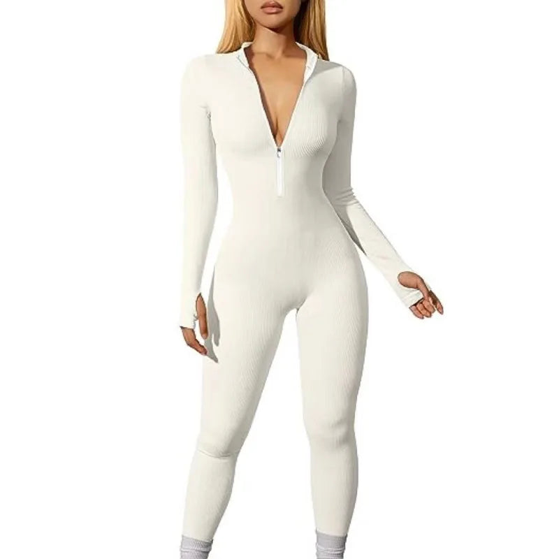 Women Yoga Running Tight Ribbed Long Sleeve Zipper Jumpsuit Pants