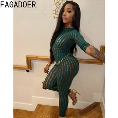 FAGADOER Women Sexy Mesh Lace Jumpsuits Fashion Long Sleeves Round Neck Vertical Striped Sheer Bodycon Rompers Summer Playsuits