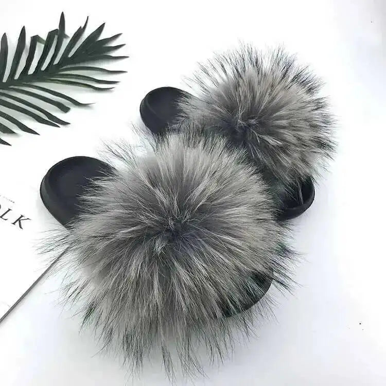 Real Raccoon Fur Slippers For Women 2026 Summer Fluffy Indoor House Fuzzy Flat Slides Outdoor Fashion Beach Sandals Flip Flops