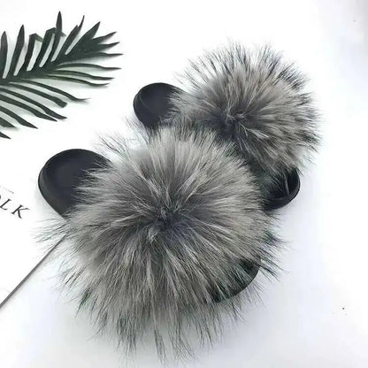 Real Raccoon Fur Slippers For Women 2026 Summer Fluffy Indoor House Fuzzy Flat Slides Outdoor Fashion Beach Sandals Flip Flops