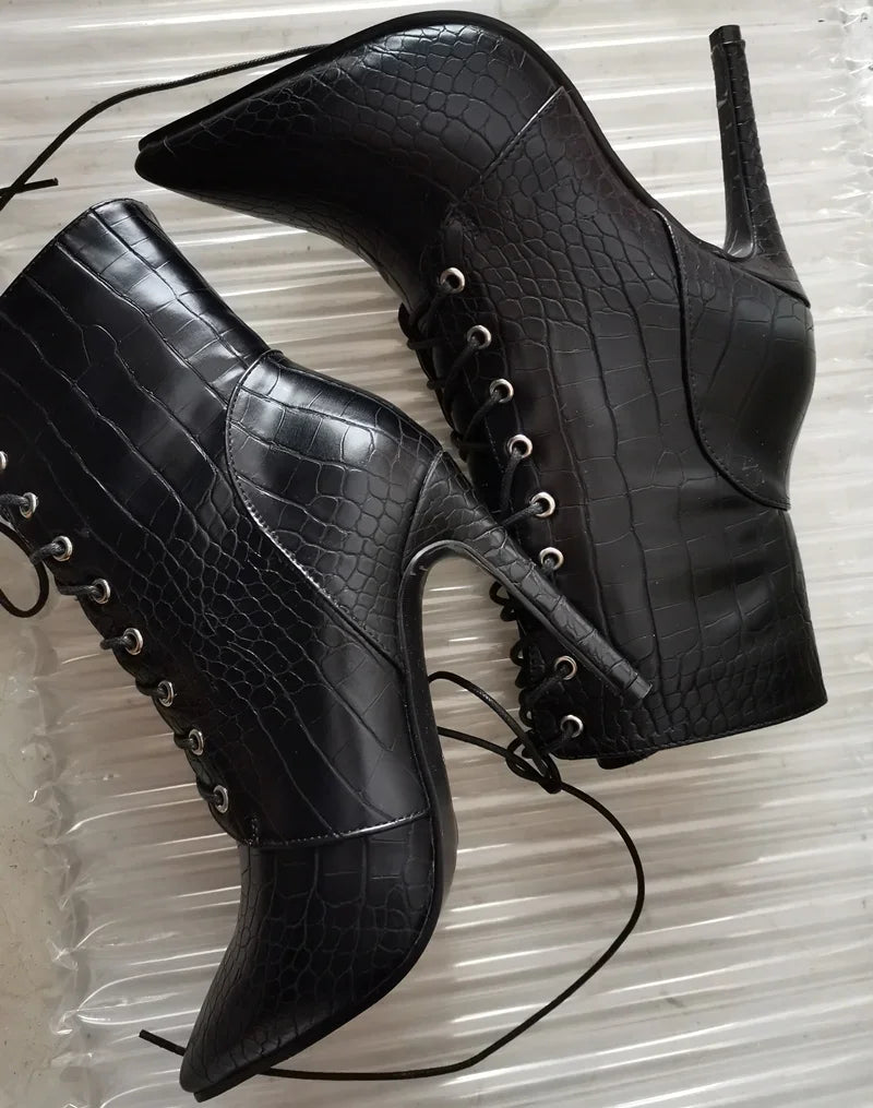 Sexy Ankle Cowboy Boots For Women Dance Shoes Fashion Snake Red White Black High Heels Lace Up Short Boot Autumn Large Size