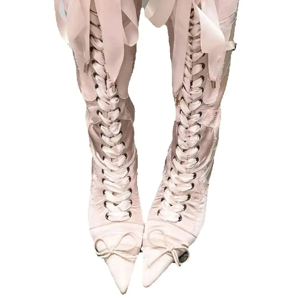Sweet Pointed Straps Party Catwalk Knee Boots 2025 New Bowknot Satin Women's Long Boots Street Fashion Stiletto Casual Boots