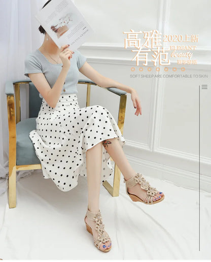 High quality leather flat sandals for women 5cm mid heel flower summer 2026 36 42 open toe vintage beach shoe black pink beige