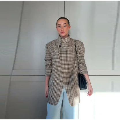 Plaid Cropped Trench Coat Lapel Collar Double Breasted Belted Waist Long Sleeve Women All-match Coats 2026 Autumn Commute Outfit