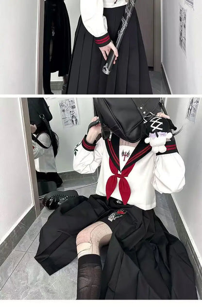 Dark Japanese Bad JK Uniform Long-sleeved Girl Orthodox Sailor Suit Role Play Handsome Long Skirt School Uniform Embroidery