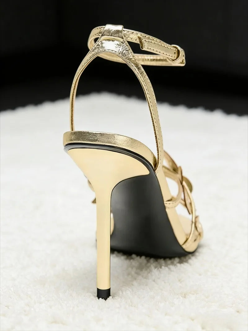 Elegant Gold Leaf Narrow Band High Heeled Sandals Women Fashion Open Toe Ankle Buckle Dress Shoes Luxury Brand Designer Shoes