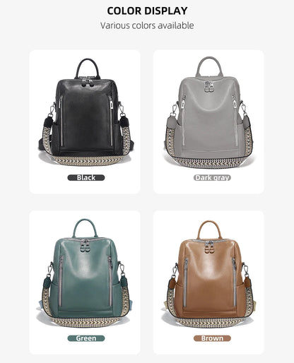 Zency Fashion Genuine Leather Backpack Knapsack Multi-pocket Day Pack Travel Convertible Shoulder Bag for Fall Winter Commuter