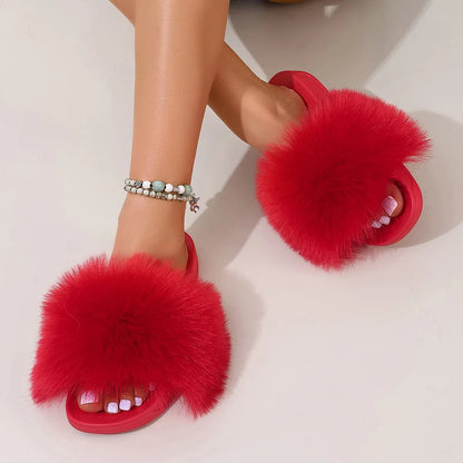Fashion Fox Fur Slides Women Luxury Designer Summer Sandals Ladies Furry Lazy Slippers Fluffy Flip Flops Shoes Plus Size Shoes