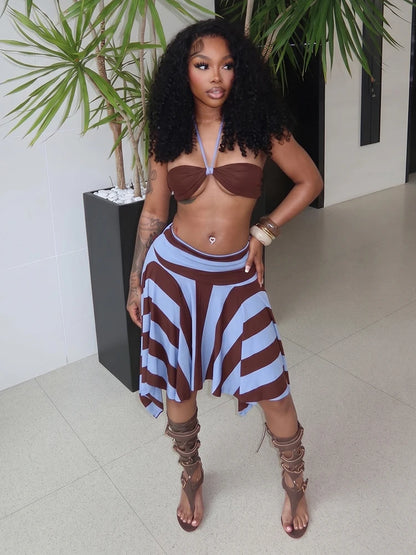 Weird Puss Sexy Fashion 2 Piece Set Woman Halter Long Rope+Skinny Tube Tops+Stripe Patchwork Mid Skirts Beach Party Style Suits