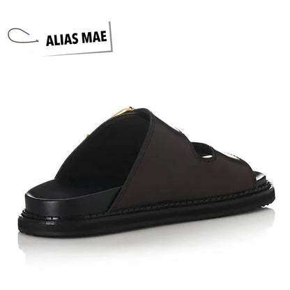 ALIAS MAE Women's Genuine Leather Double-Strap Slippers Vintage Gold Buckle Streetwear Beach Sandals Minimalist Luxury Style