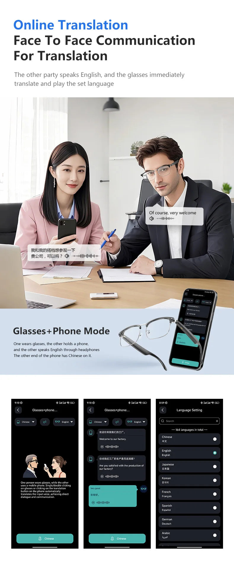 AI Smart Glasses Online Translation Real-Time Translation Conversation Translation supports online translation in 165 languages