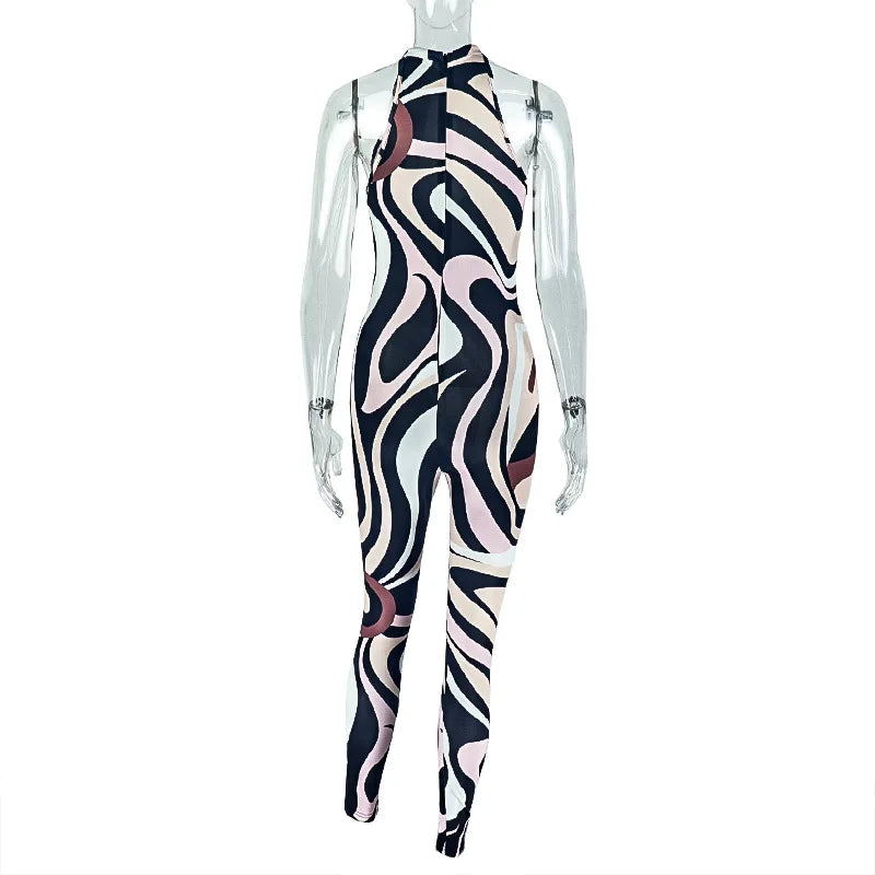 Zebra Print Jumpsuit Women o-Neck Sexy Hollow Off shoulder Sleeveless Skinny Peach Hip Hottie Street Fashion Overalls