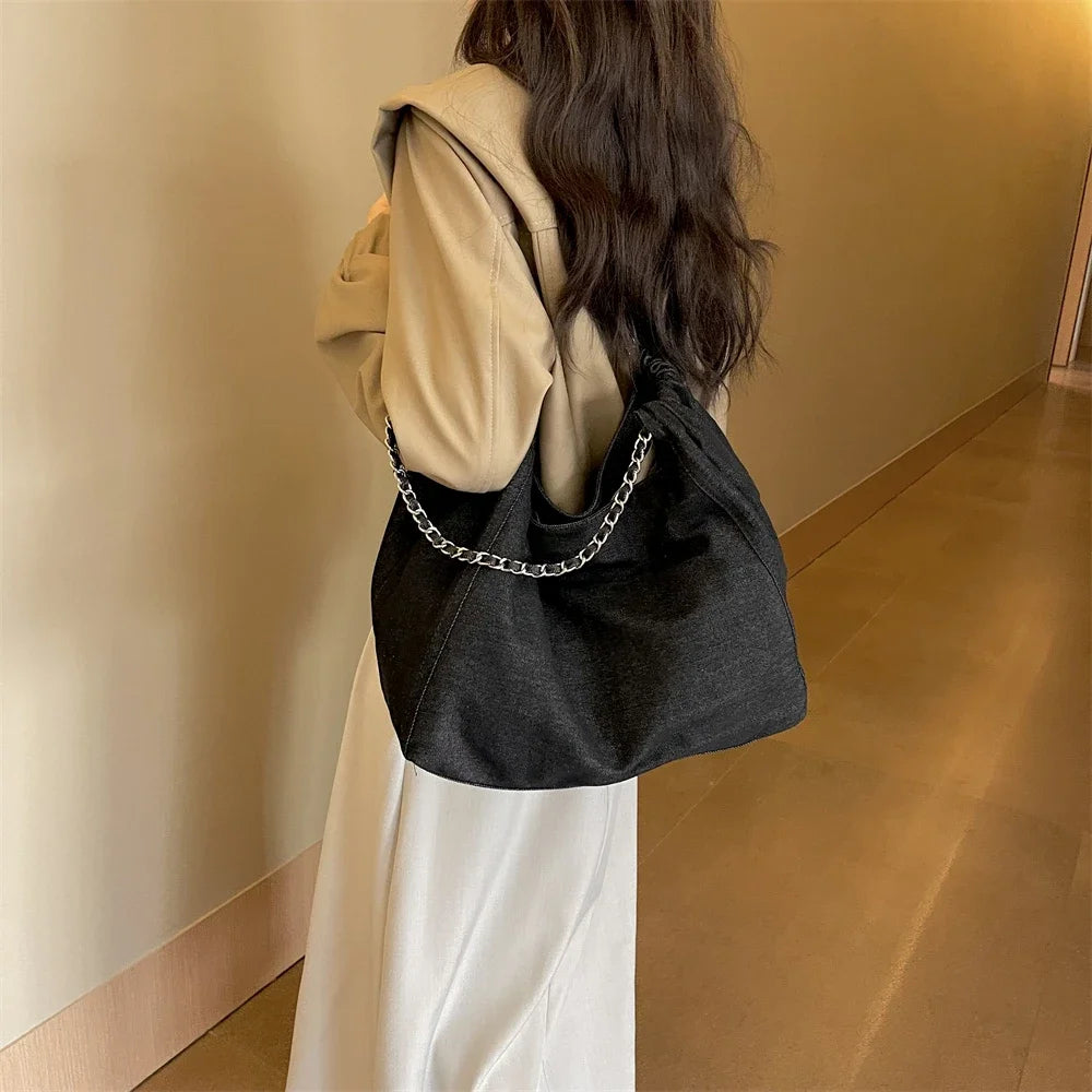 Chic Style Big Chain Shoulder Tote Bags For Women 2023 Luxury Designer Handbags Denim Fabric Pure Color Large Capacity Shoppers